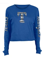 New Era Texas Rangers Womens Blue Athletic Foil Crop Crew LS Tee