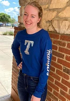 New Era Texas Rangers Womens Blue Athletic Foil Crop Crew LS Tee