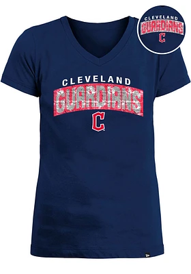 New Era Cleveland Guardians Girls Navy Blue Flip Sequin Wordmark Graphic Short Sleeve Fashion T-Sh..