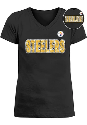New Era Pittsburgh Steelers Girls Black Flip Sequin Short Sleeve Fashion T-Shirt