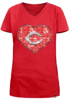 New Era Cincinnati Reds Girls Red Flip Sequin Vneck Heart Short Sleeve Fashion T-Shirt