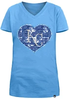 New Era Kansas City Royals Girls Light Blue Flip Sequin Vneck Heart Short Sleeve Fashion T-Shirt