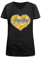 New Era Pittsburgh Pirates Girls Black Flip Sequin Vneck Heart Short Sleeve Fashion T-Shirt