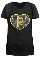 New Era Pittsburgh Pirates Girls Black Flip Sequin Vneck Heart Short Sleeve Fashion T-Shirt