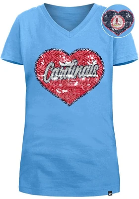 New Era St Louis Cardinals Girls Light Blue Flip Sequin Vneck Heart Short Sleeve Fashion T-Shirt