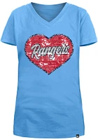 New Era Texas Rangers Girls Light Blue Flip Sequin Vneck Heart Short Sleeve Fashion T-Shirt