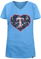 New Era Texas Rangers Girls Light Blue Flip Sequin Vneck Heart Short Sleeve Fashion T-Shirt
