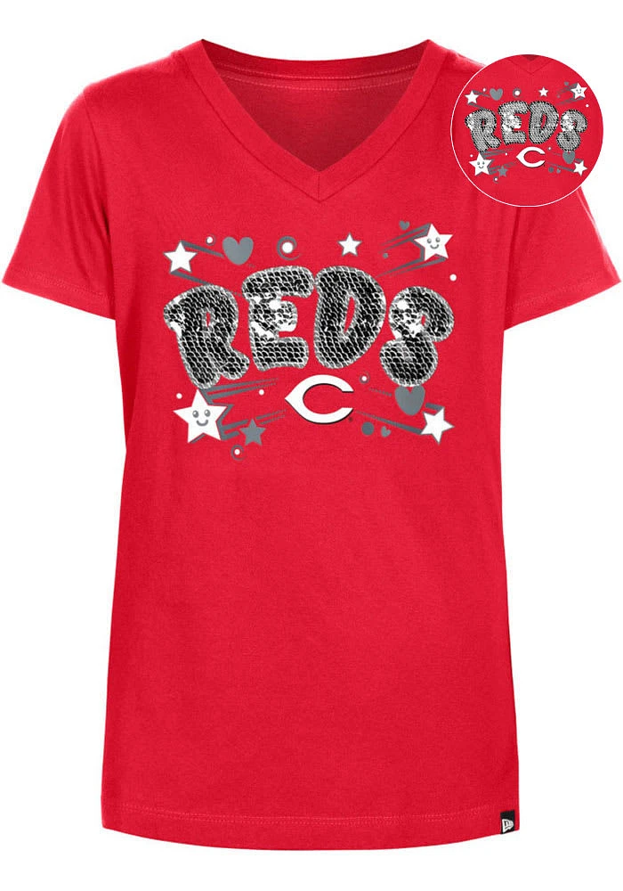 New Era Cincinnati Reds Girls Hearts and Stars Flip Sequin Short Sleeve Fashion T-Shirt