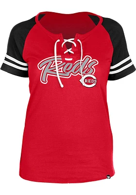 New Era Cincinnati Reds Womens Red Raglan Lace Short Sleeve T-Shirt