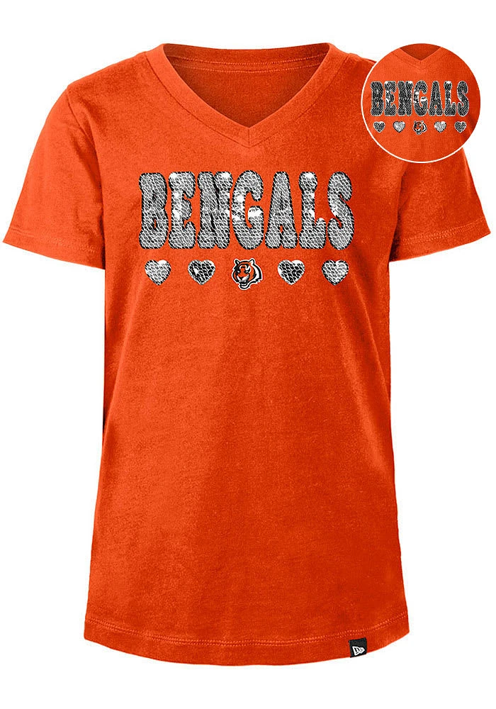 New Era Cincinnati Bengals Girls Orange Wordmark Hearts Flip Sequin Short Sleeve Fashion T-Shirt