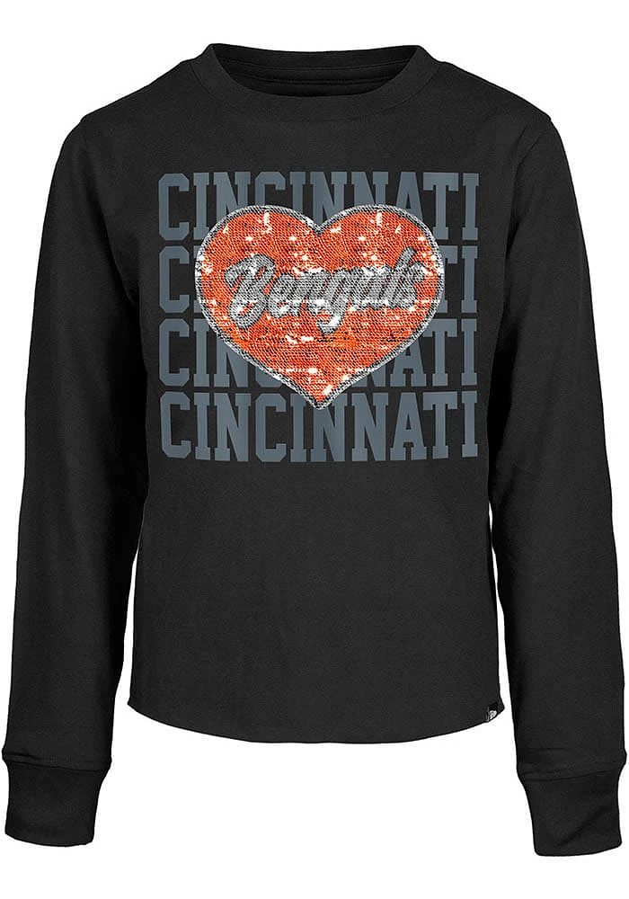 New Era Cincinnati Bengals Girls Black Flip Sequin Heart Cropped Long Sleeve T-shirt