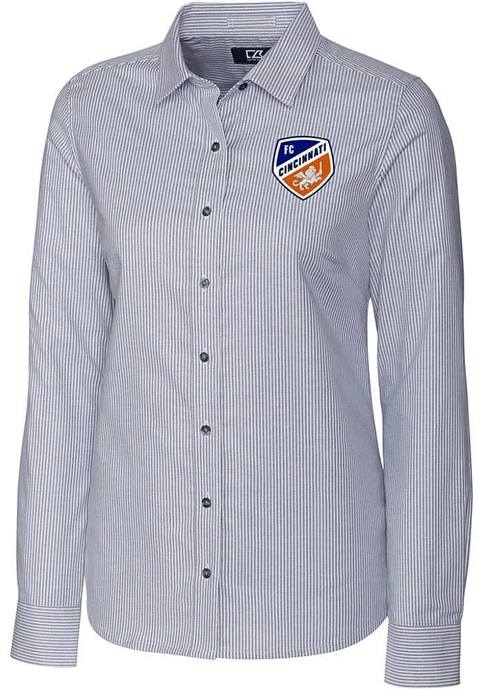 Cutter and Buck FC Cincinnati Womens Stretch Oxford Stripe Long Sleeve Charcoal Dress Shirt