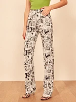 Newsprint High Rise Straight Long Jeans