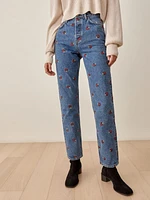 Mushroom Embroidered High Rise Straight Jeans