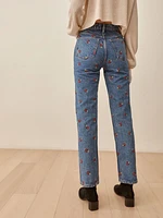 Mushroom Embroidered High Rise Straight Jeans