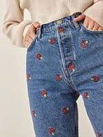 Mushroom Embroidered High Rise Straight Jeans