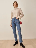 Mushroom Embroidered High Rise Straight Jeans