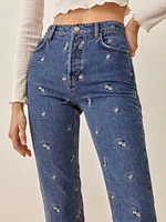 Dice Embroidery High Rise Straight Jeans