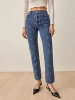 Dice Embroidery High Rise Straight Jeans