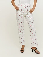 Cherries Embroidered High Rise Straight Jeans