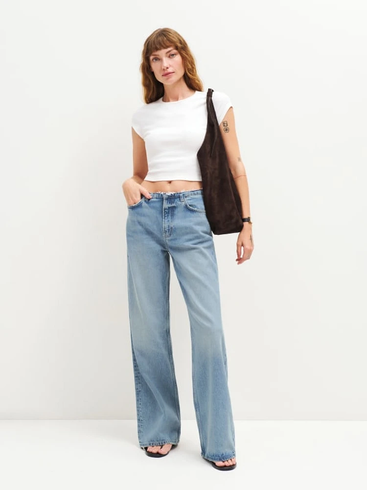 Cary Mid Rise Cut Off Waistband Wide Leg Jeans