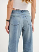 Cary Mid Rise Cut Off Waistband Wide Leg Jeans