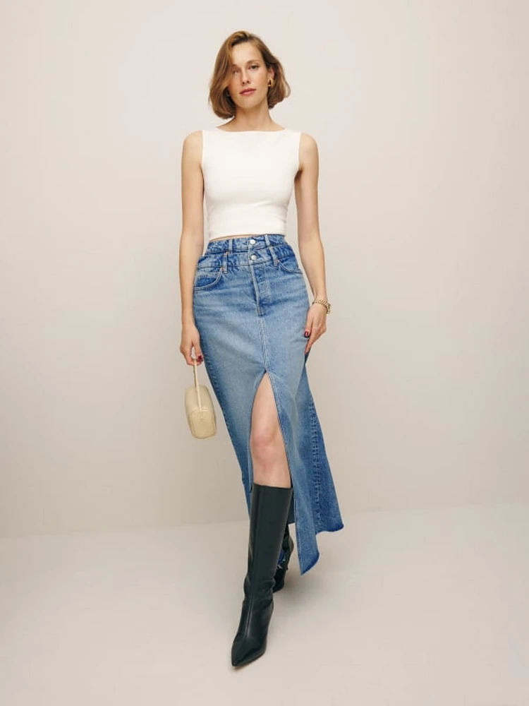 Willa Double Waistband Denim Maxi Skirt