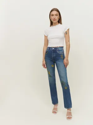 Handicraft Embroidered High Rise Straight Jeans