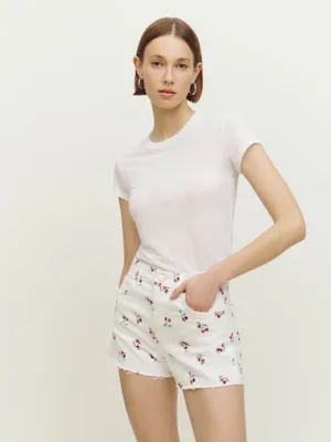 Cherries Embroidered High Rise Jean Shorts