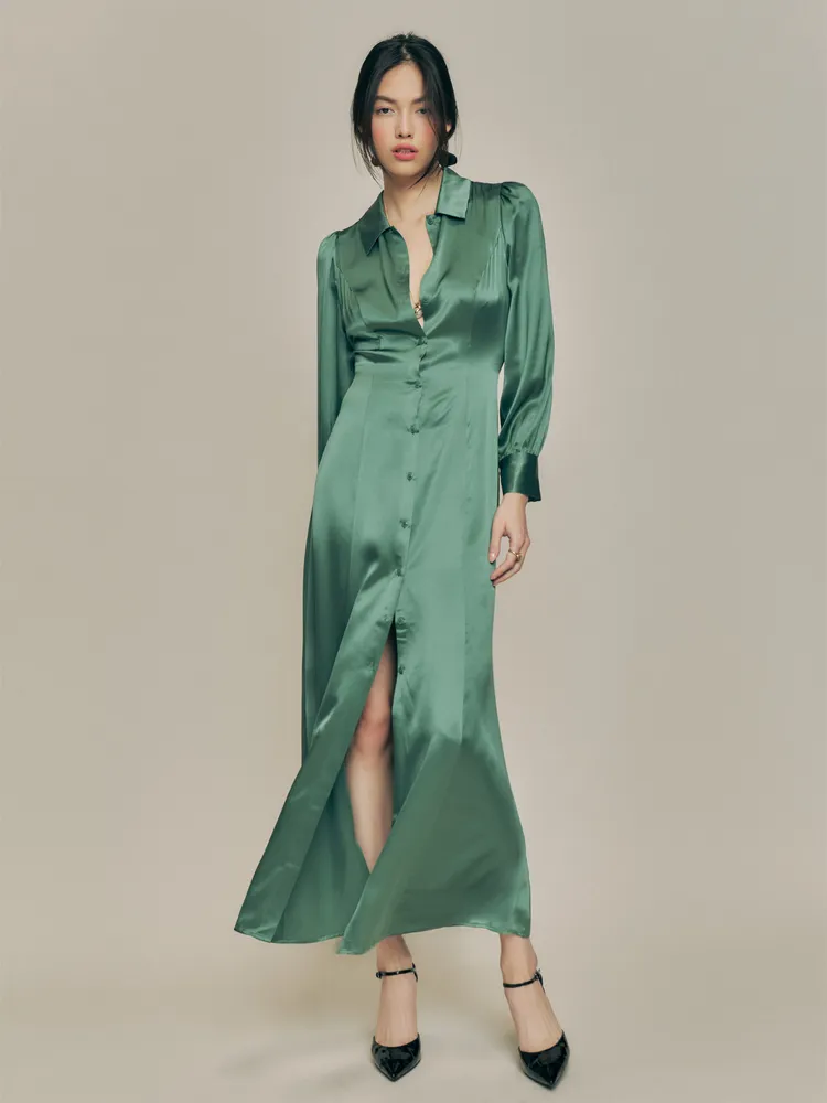 Lyon silk-satin midi shirt dress