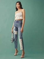 Cynthia Linen Patch High Rise Straight Jeans