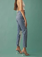 Cynthia Linen Patch High Rise Straight Jeans