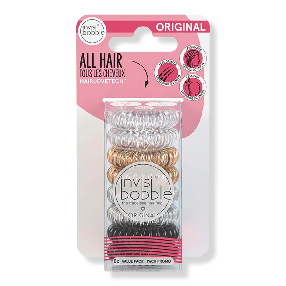 Invisibobble ORIGINAL Spiral Hair Tie Value Pack- Clear, Black & Metallic