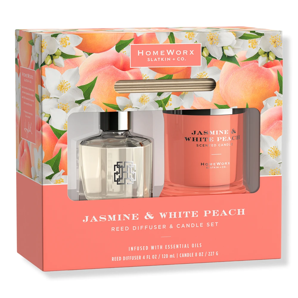 HomeWorx Jasmine & White Peach Candle and Reed Stick Diffuser Gift Set