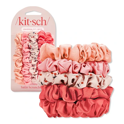 Runched Satin Scrunchies 5 Piece Set - Cherry Blossom