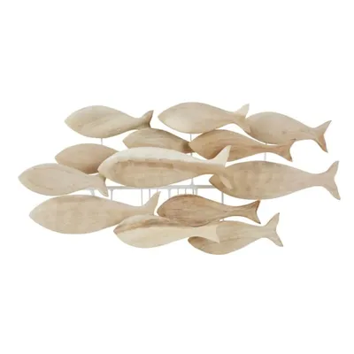 Applique banc de poissons en acacia sculpté sur socle en métal FREJUS