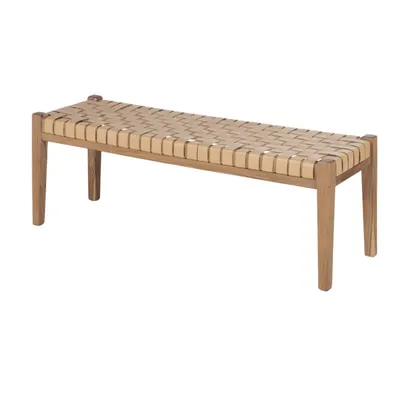 Banc en cuir de buffle caramel et bois de manguier et acacia Natte