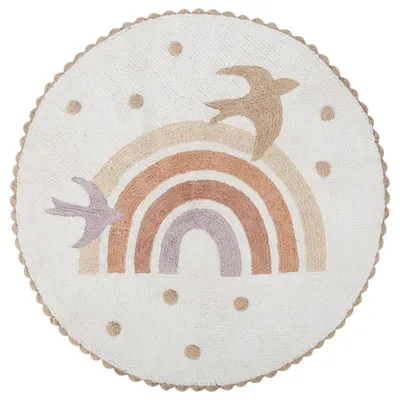 Tapis enfant rond en coton recyclé tufté imprimé arc-en-ciel et oiseaux D120 RAINBOW