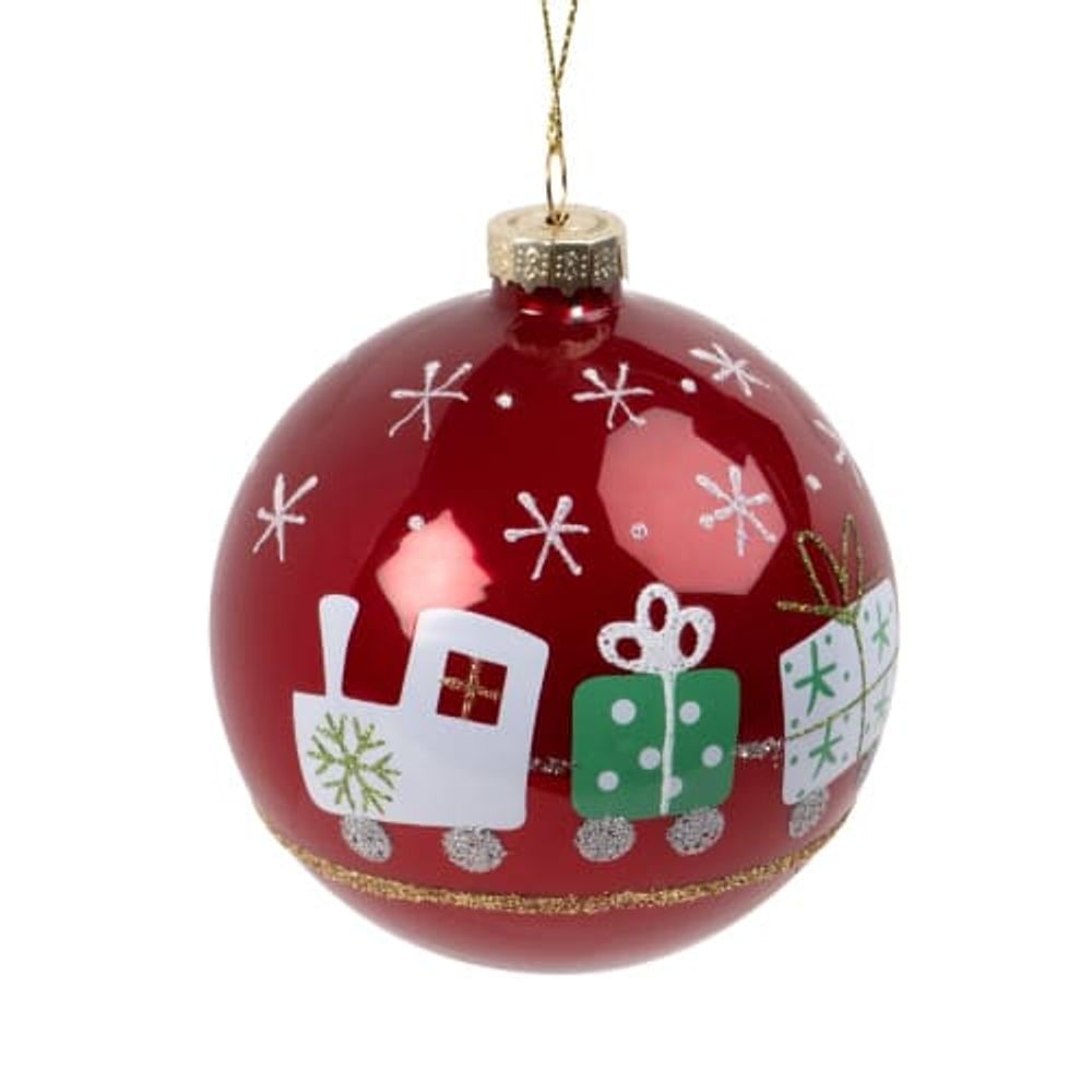 Boule de Noël en verre teinté rouge imprimé petit train | Maisons du Monde