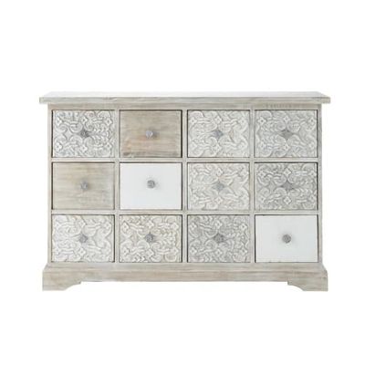 Cabinet de rangement indien sculpté en manguier massif blanc L 120 cm | Maisons du Monde