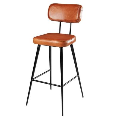 Chaise de bar en cuir de chèvre marron et métal noir | Maisons du Monde