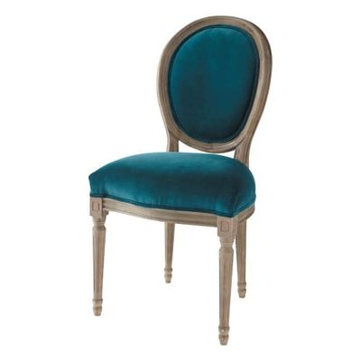 Chaise médaillon en velours et chêne massif bleu canard | Maisons du Monde