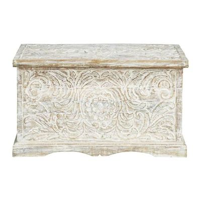 Coffre indien sculpté en manguier massif blanc effet vieilli L 79 cm | Maisons du Monde