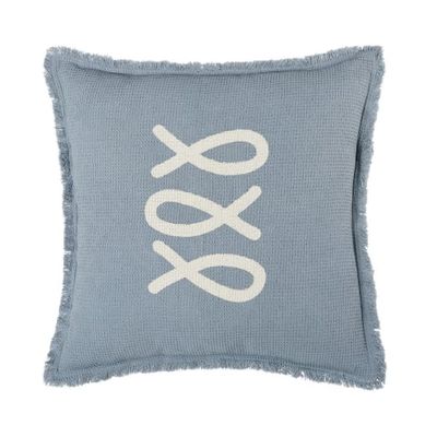 Coussin d'extérieur en coton gaufré bleu et écru à franges 45x45 | Maisons du Monde