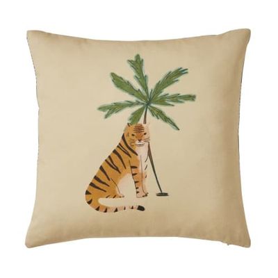 Coussin en coton beige imprimé tigre et palmier 40x40 | Maisons du Monde