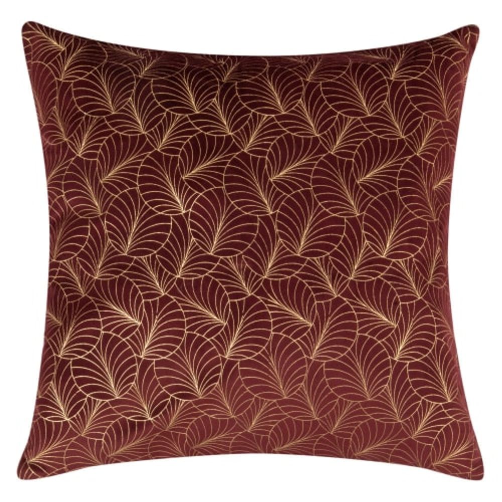 Coussin en velours rouge motifs feuilles dorées 45x45 | Maisons du Monde