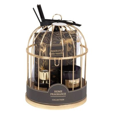 Diffuseur en verre, sachets et bougie parfumés support cage en métal doré | Maisons du Monde