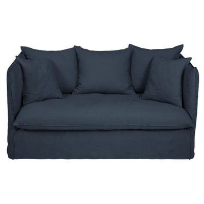 Housse de canapé places en lin froissé bleu nuit | Maisons du Monde
