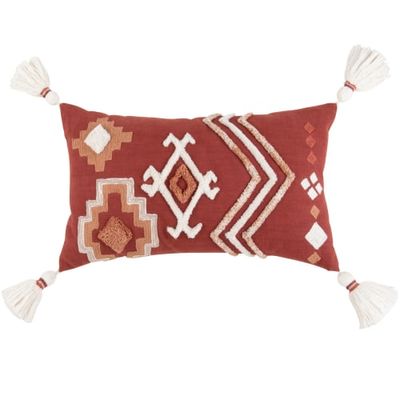 Housse de coussin brodée et tuftée motifs graphiques brique, vieux rose et écru 30x50 | Maisons du Monde