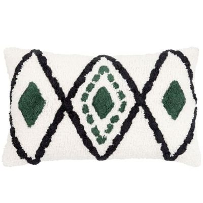 Housse de coussin en coton tufté écru motifs à losanges vert et noir 30x50 | Maisons du Monde